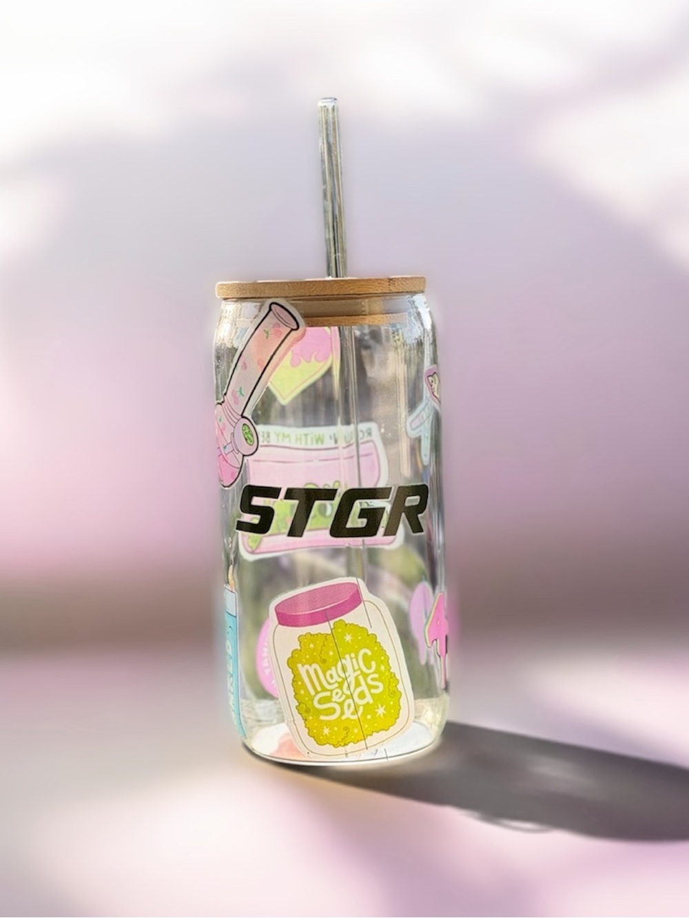 Clear Party Drink Jar with Pink Accents and Straw